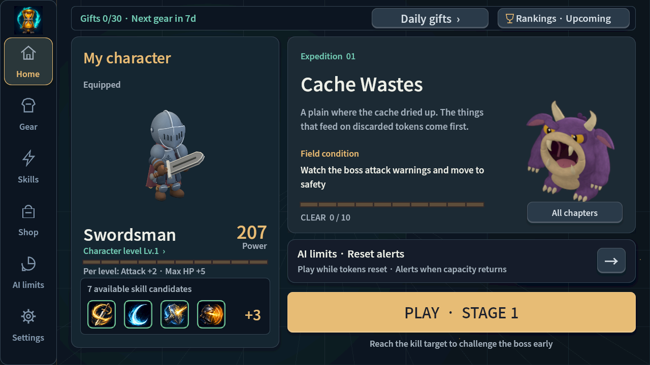 Actual game screen: character equipment and stage selection