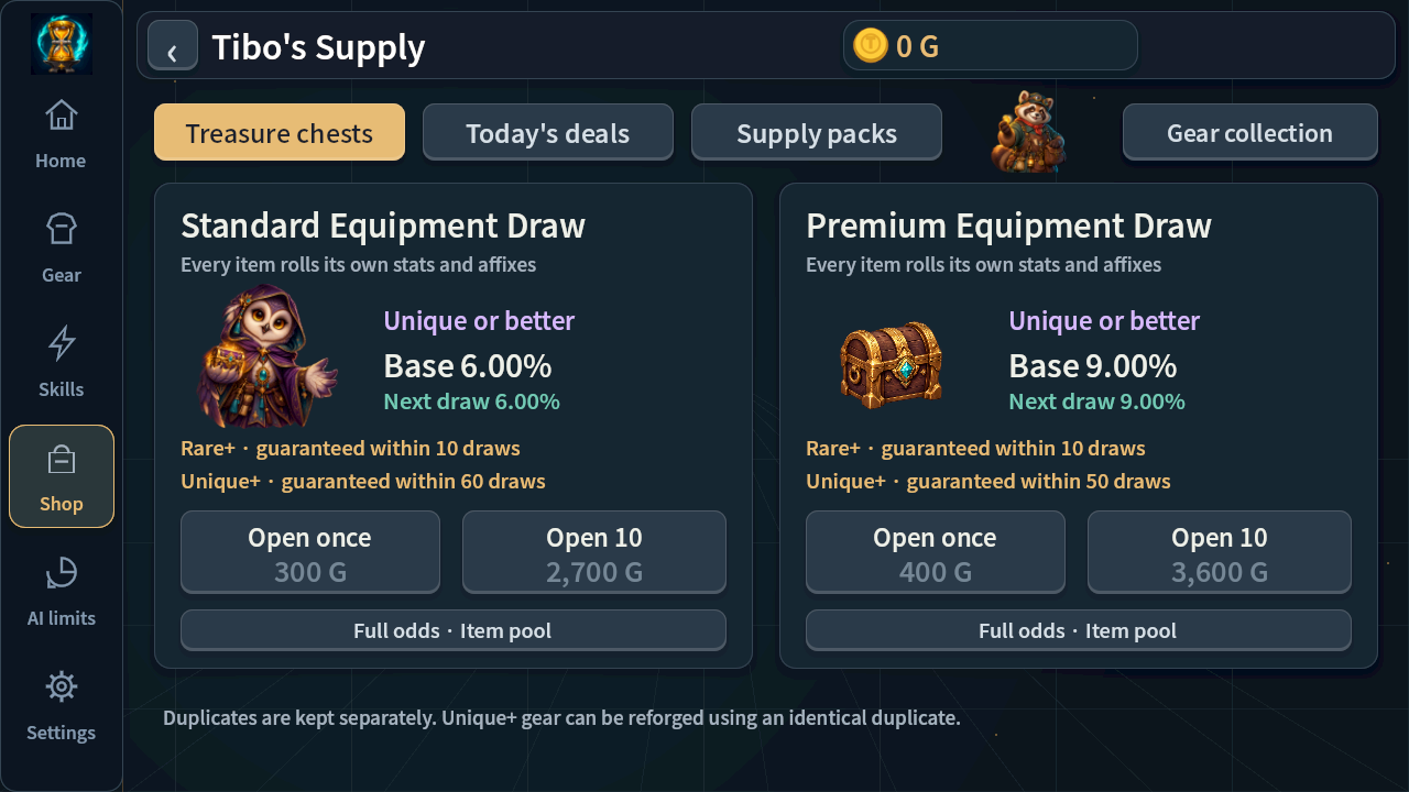 Actual game screen: Tibo's treasure chests and equipment odds