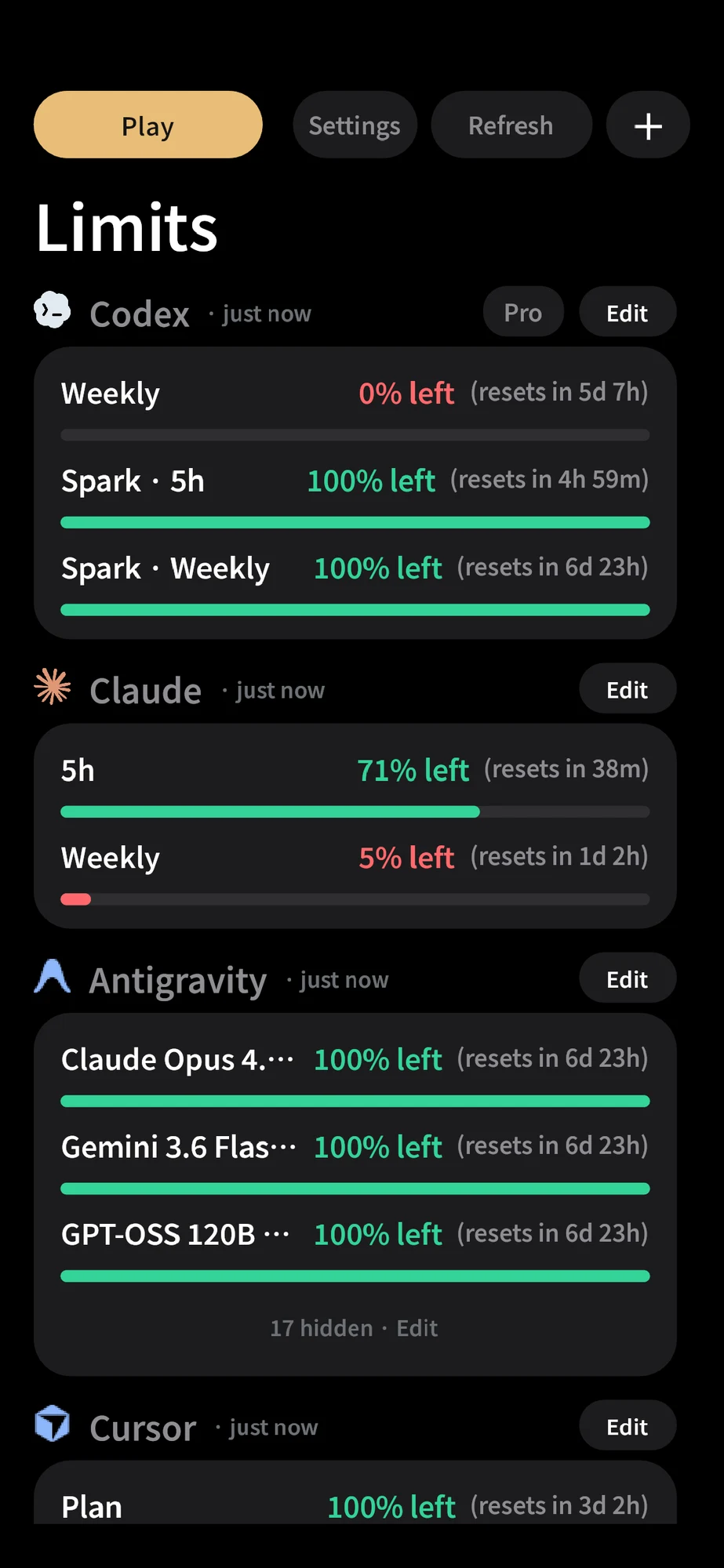 AI Limits app showing remaining Codex usage and reset countdowns
