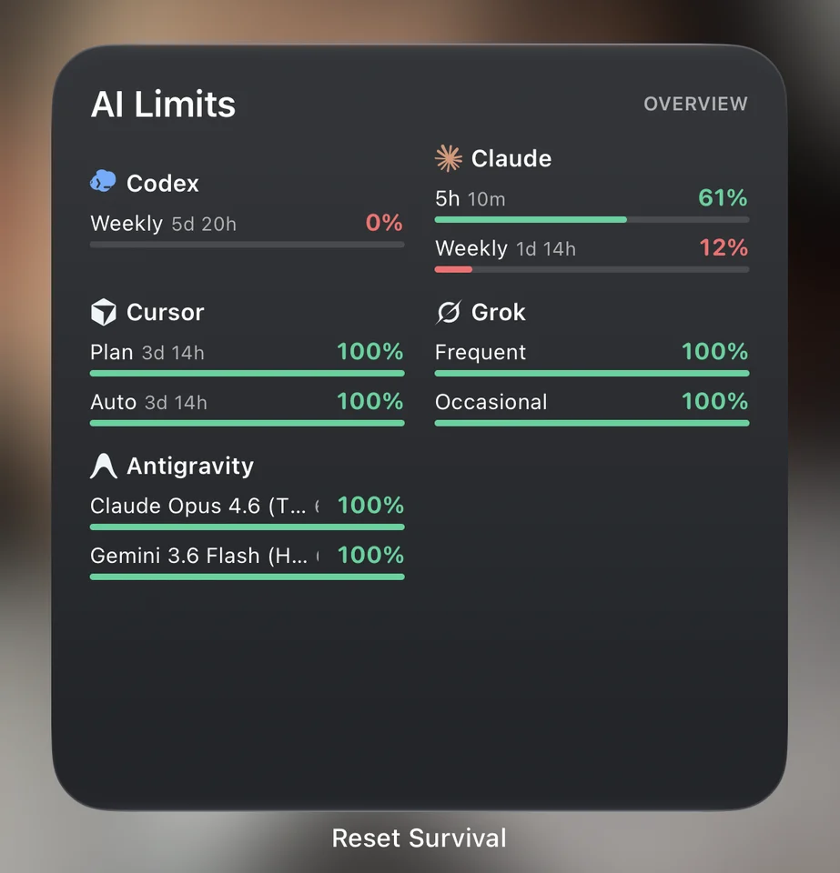 Home-screen AI Limits widget with Codex, Claude, Cursor, Grok and Antigravity
