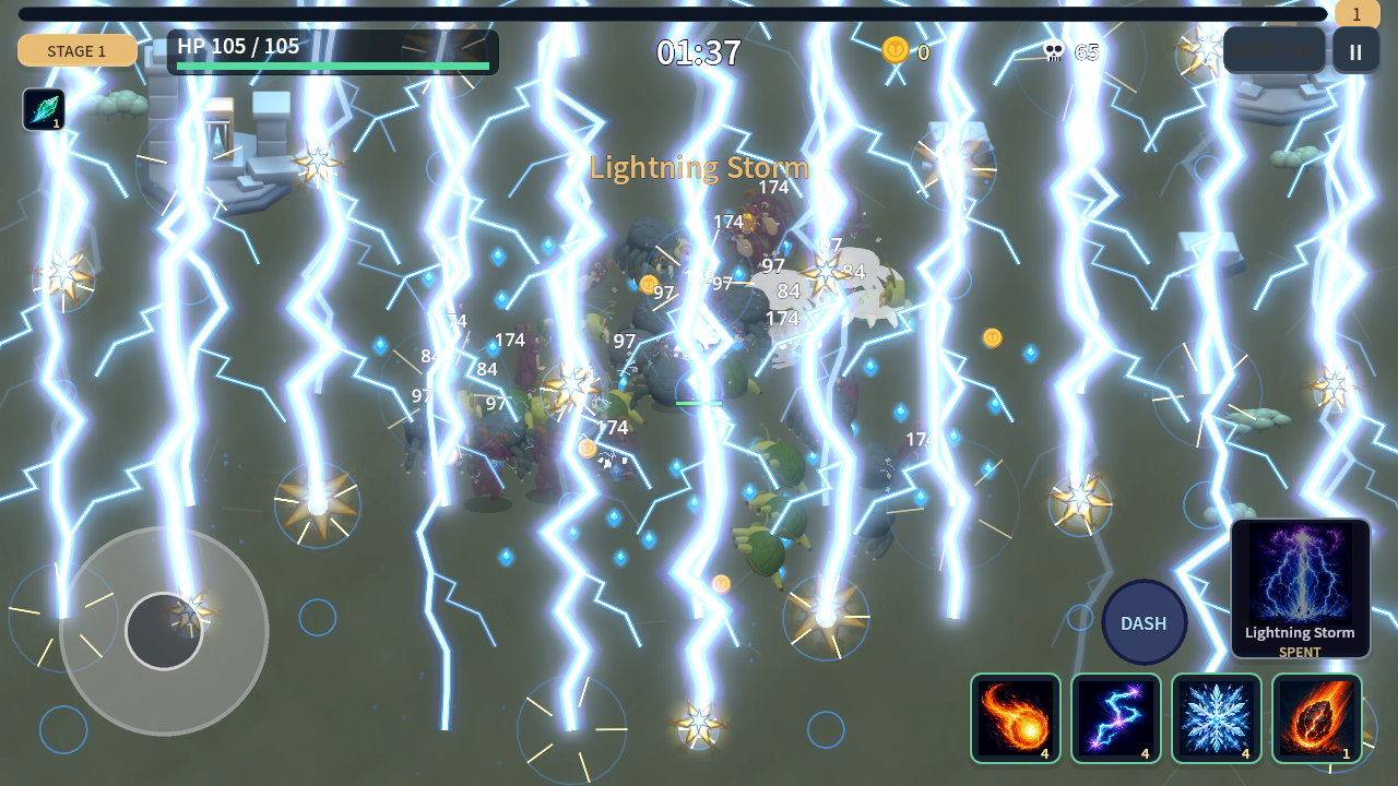 Actual gameplay: the wizard unleashes Lightning Storm against a monster horde